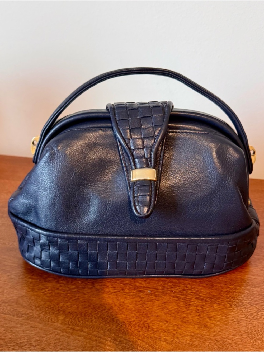Vintage Navy Blue Leather Waffle Pattern Brio! Shoulder/Crossbody Bag